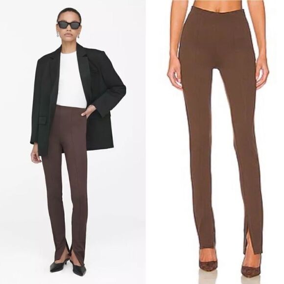 Anine Bing Max Chocolate Brown Skinny Pants Slit Hem Trousers Size 2 - Picture 1 of 12